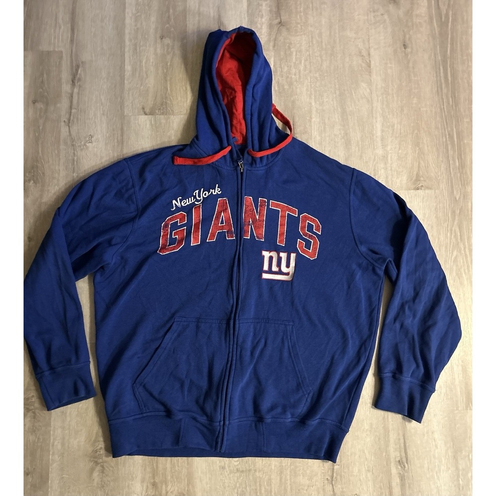 NY Giants NFL Brand Football Full Zip Hoodie Blue w/Red Team Logo Men's XL